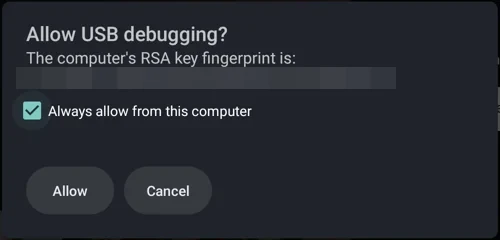 The TV’s prompt: Allow USB debugging? with Always allow from this computer ticked, and Allow and Cancel buttons