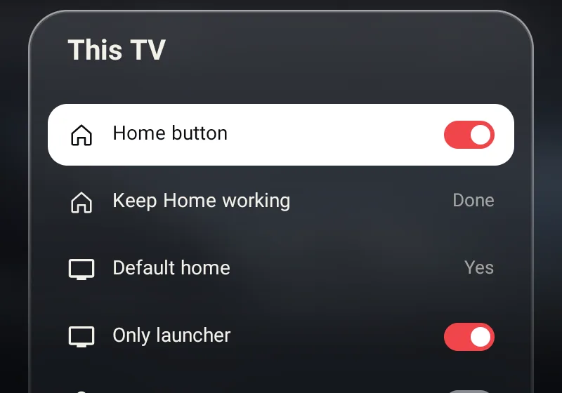 Koolest settings, This TV: Home button on, Keep Home working done, Default home yes, Only launcher on, PIN lock off, Updates 2.1.1 latest